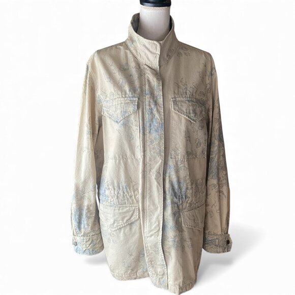 Chaps RL cream blue floral military jacket L 100% cotton safari 90s canvas - Picture 1 of 16